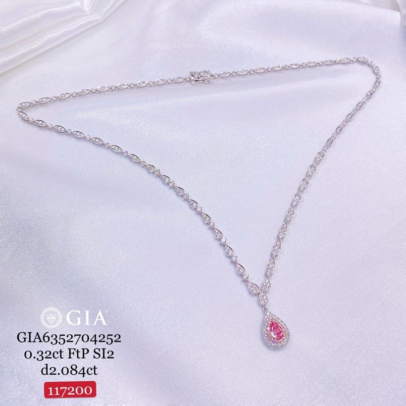 GIA Pink Pear-Cut Diamond Halo Necklace – 0.32ct Fancy Pink, 2.08ct Diamond Chain