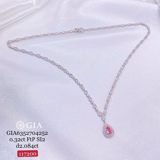 GIA Pink Pear-Cut Diamond Halo Necklace – 0.32ct Fancy Pink, 2.08ct Diamond Chain